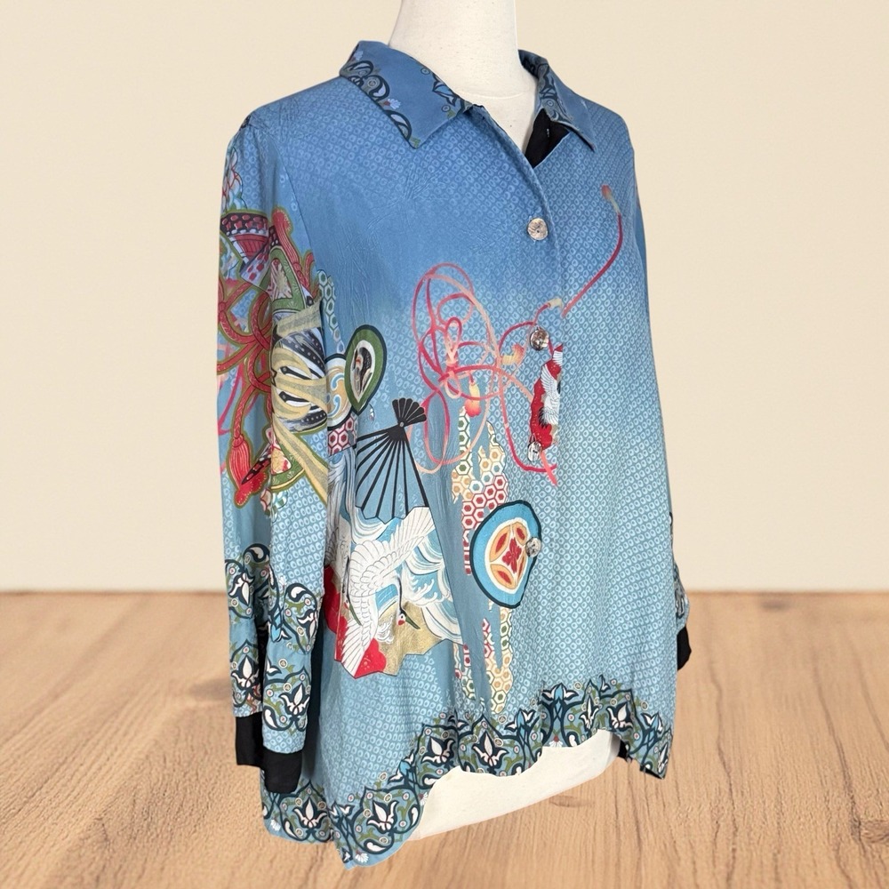 Citron Santa Monica 100% Silk Crane Print Blouse Top Sz L Denim Blue and Black